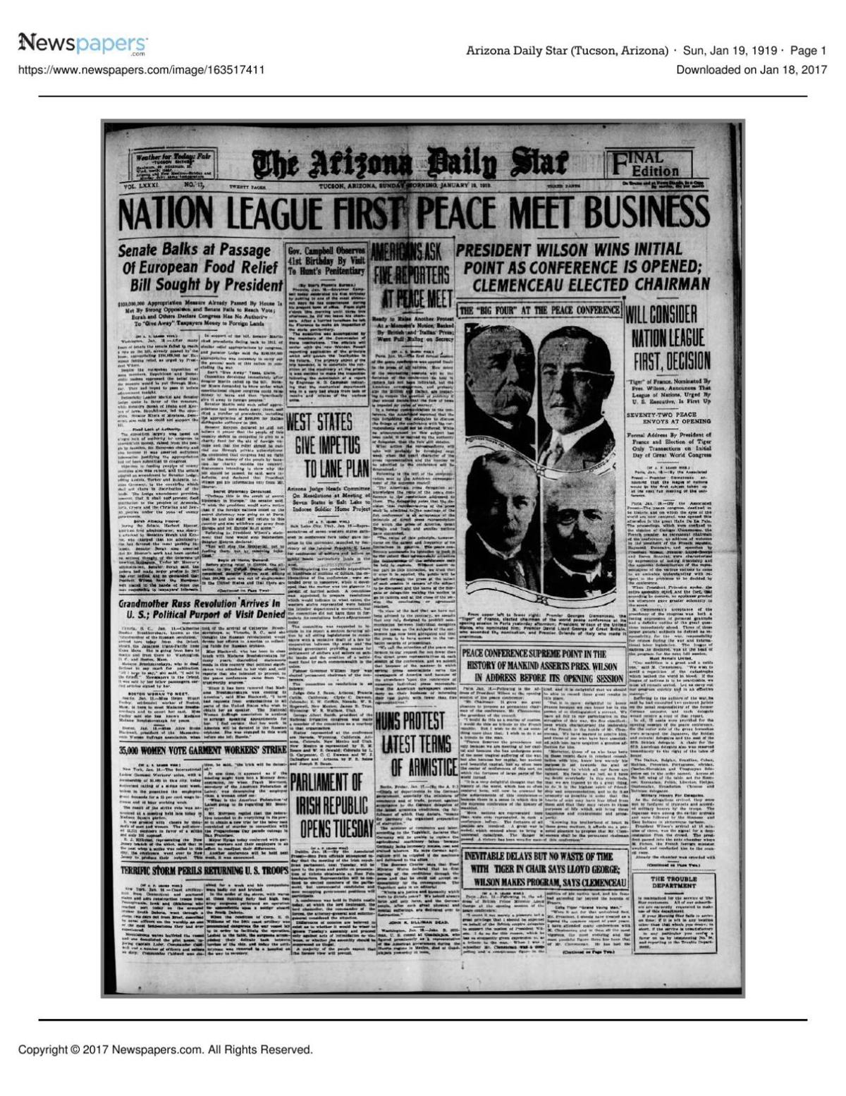 Arizona Daily Star front page Jan. 19, 1919
