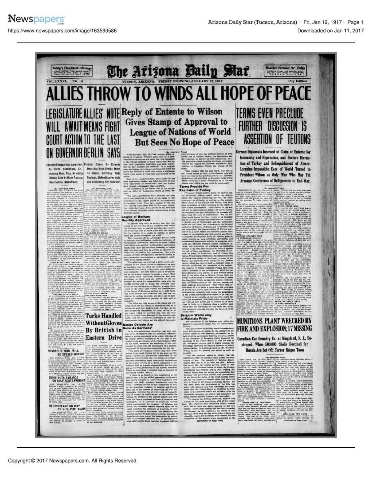 Arizona Daily Star front page Jan. 12, 1917