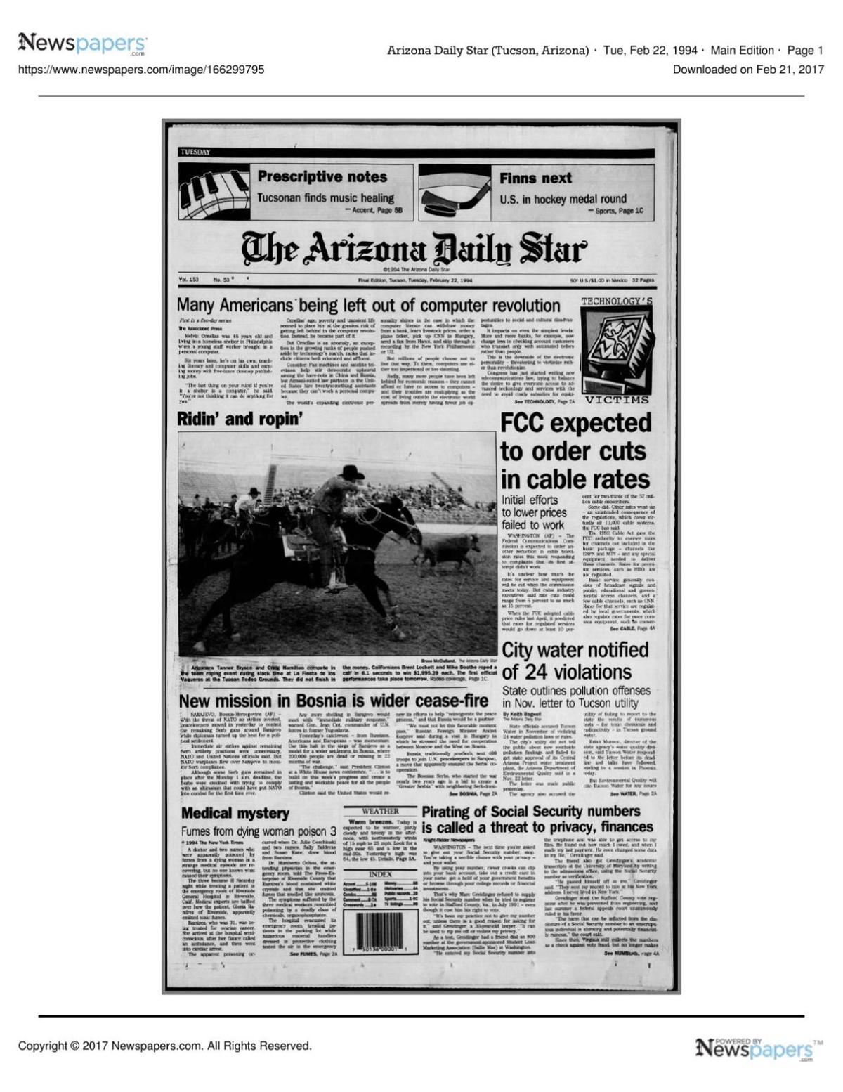Arizona Daily Star front page Feb. 22, 1994