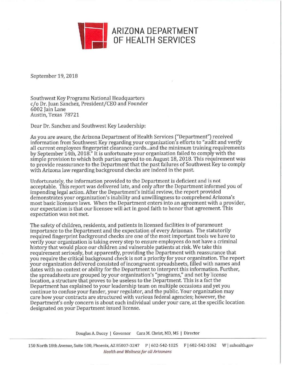 Arizona DHS' letter to Southwest Key