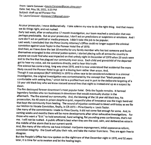 Draft press release announcing exoneration of Louis Taylor in Pioneer Hotel fire