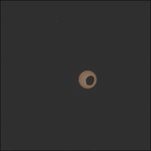 NASA’s Perseverance Mars rover used its Mastcam-Z camera to capture the silhouette of Phobos, one of the two Martian moons, as it crossed in front of the sun Aug. 13. Perseverance has captured several Phobos transits since its landing at Jezero Crater in February 2021.