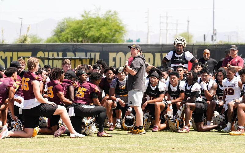 Arizona State head coach Kenny Dillingham talks to his players during practice on April 21, 2026, at Kajikawa practice fields in