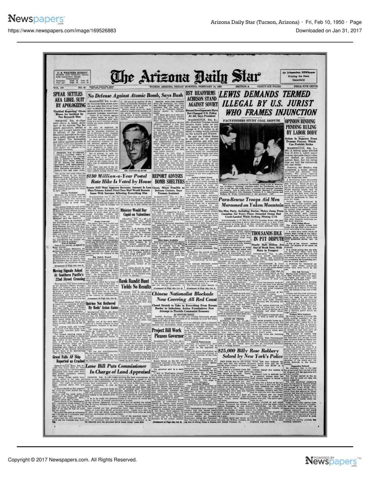 Arizona Daily Star front page Feb. 10, 1950