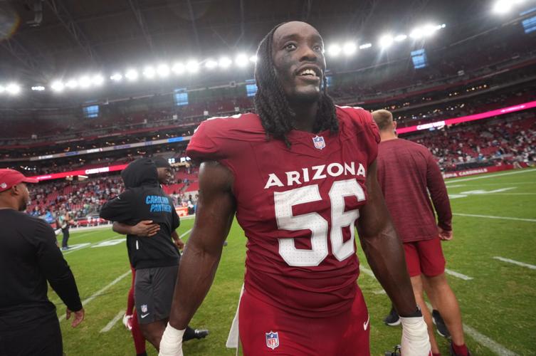 Arizona Cardinals defensive lineman Darius Robinson (56) walks off the field after their 27-22 win over the Carolina Panthers at State Farm Stadium on Sept 14, 2025.