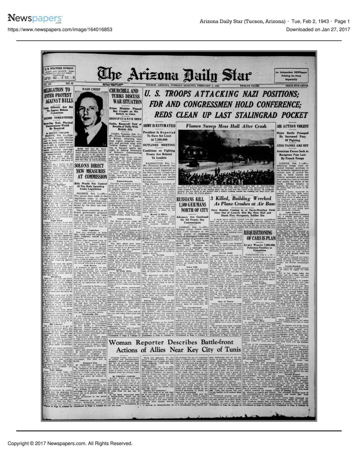 Arizona Daily Star front page Feb. 2, 1943