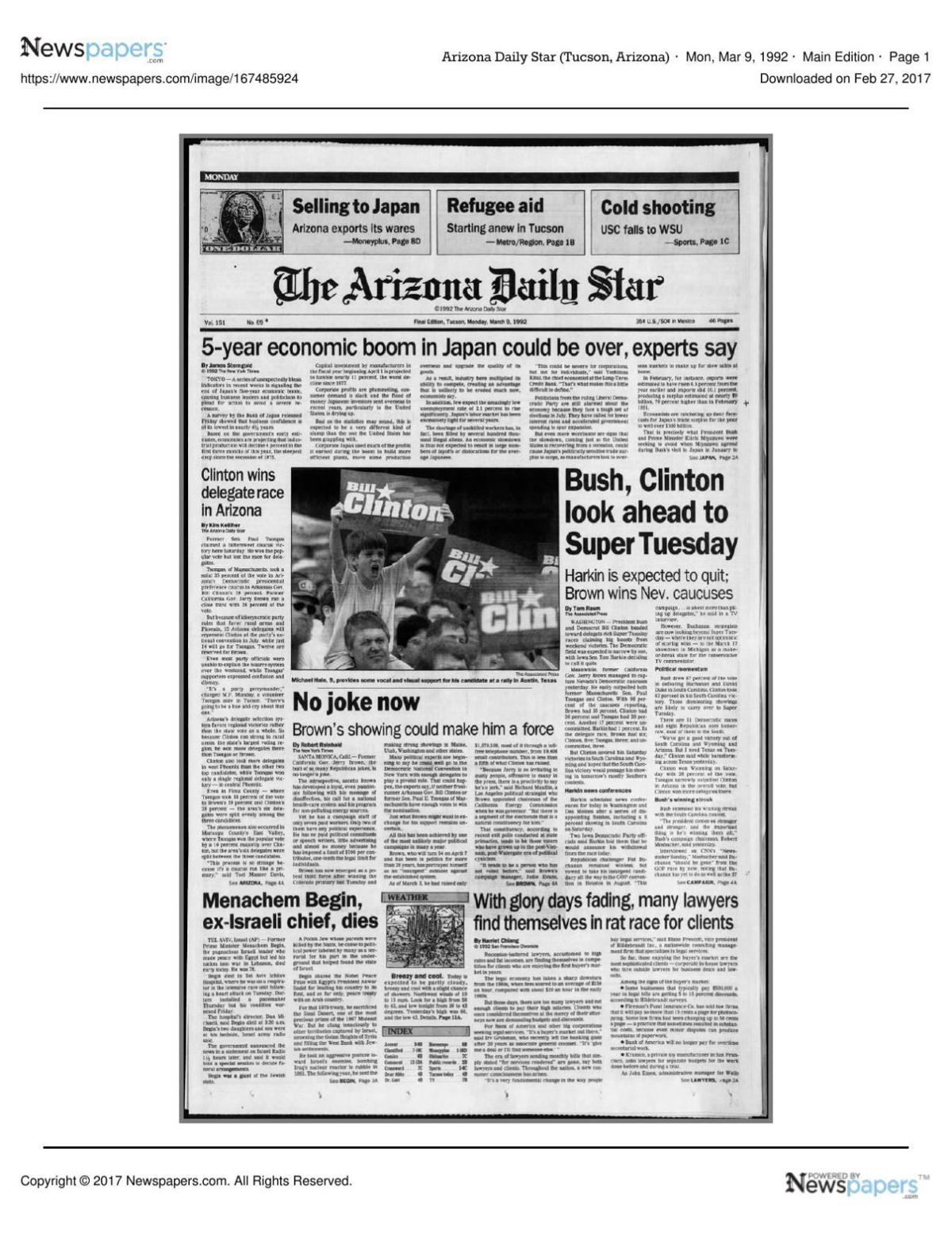 Arizona Daily Star front page March 9, 1992