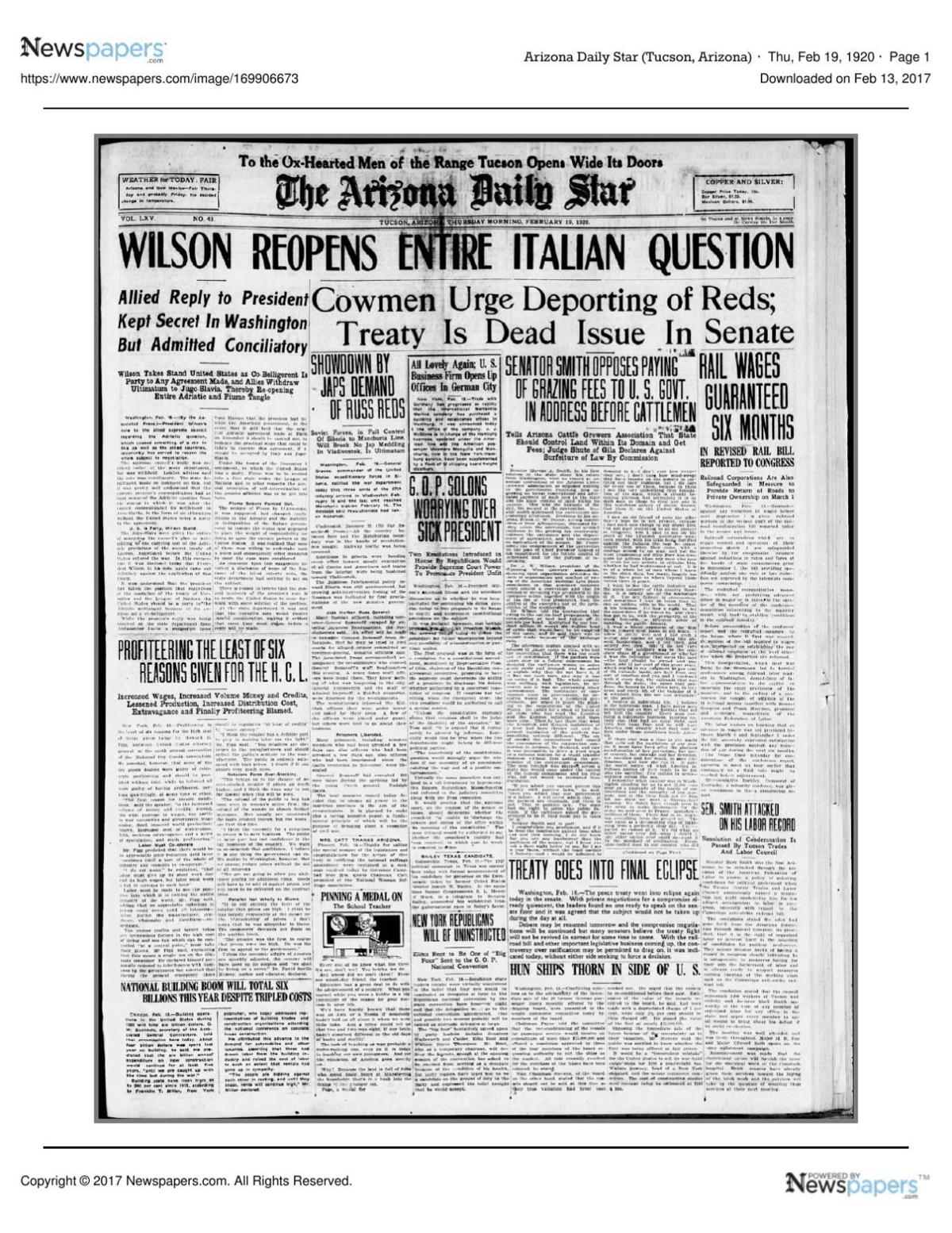 Arizona Daily Star front page Feb. 19, 1920