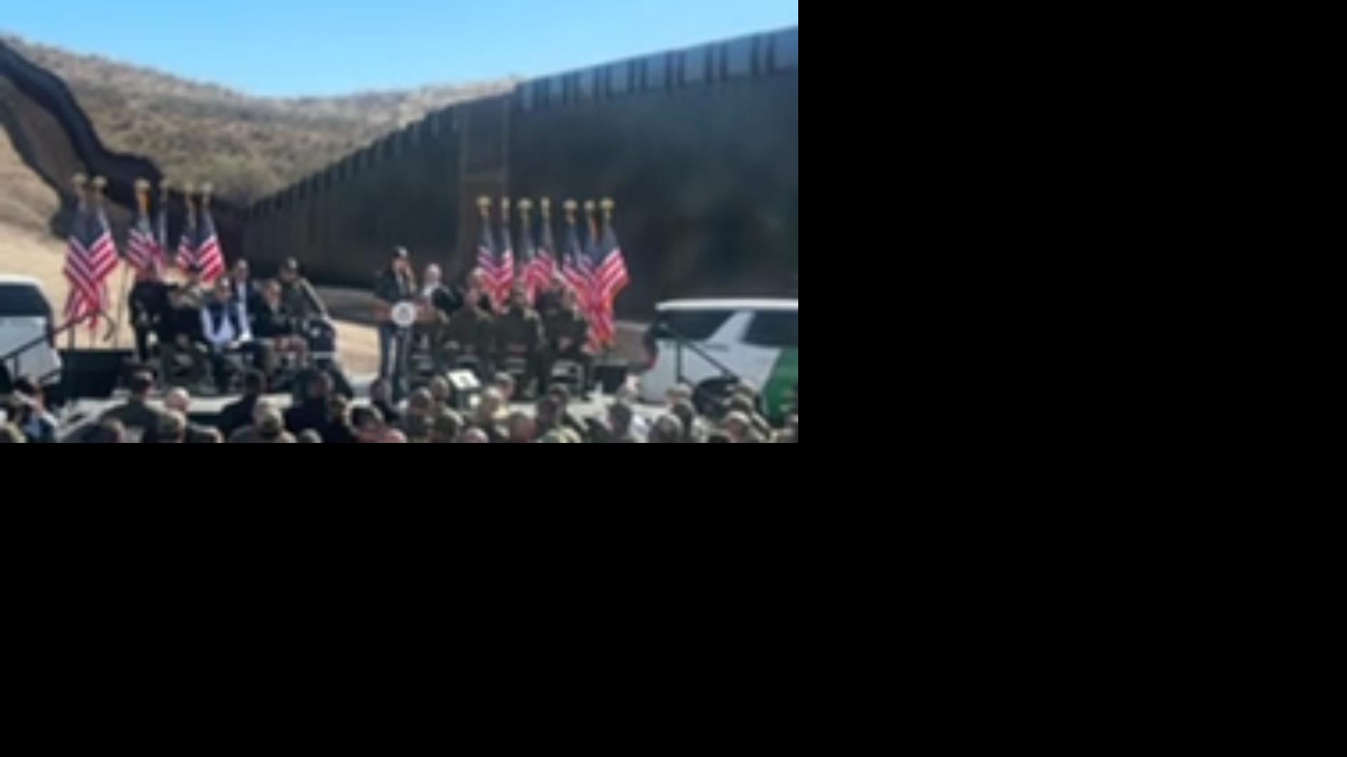 United States Secretary of Homeland Security Kristi Noem speaking today at the Arizona–Mexico border in Nogales, AZ