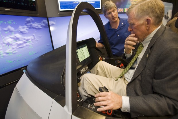Mostly friendly crowd greets F-35 simulator    