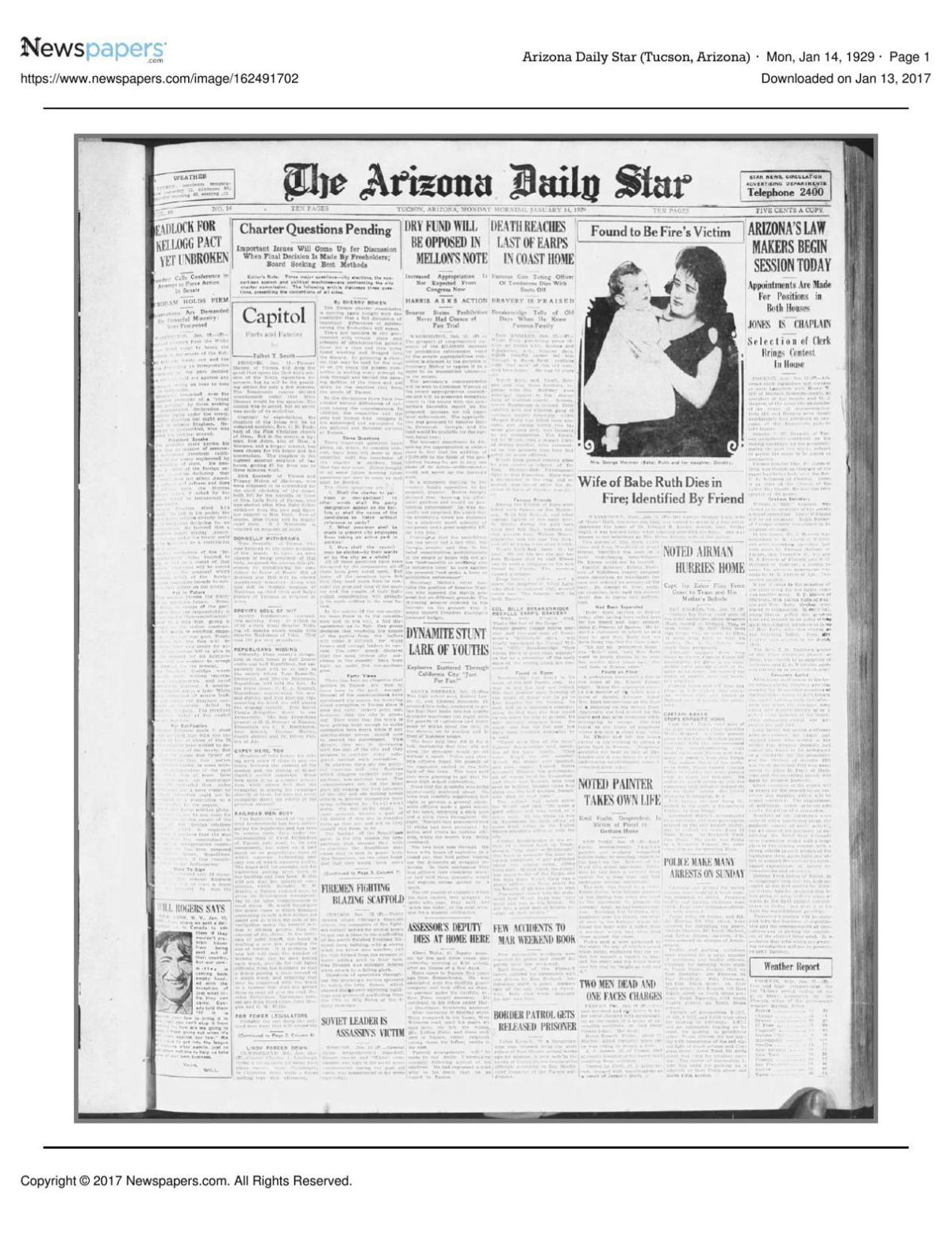 Arizona Daily Star front page Jan. 14, 1929