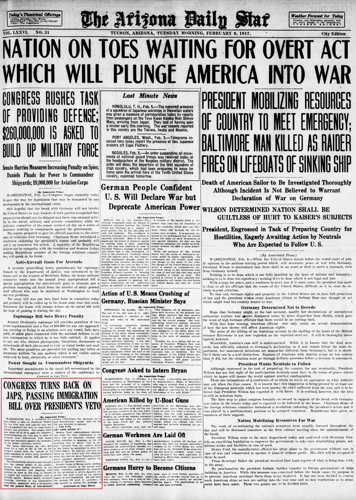 Feb. 6, 1917 Immigration Act passed