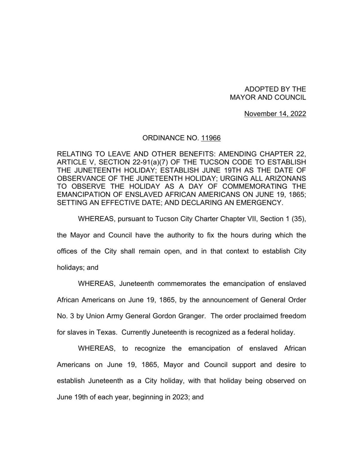 City of Tucson Juneteenth ordinance