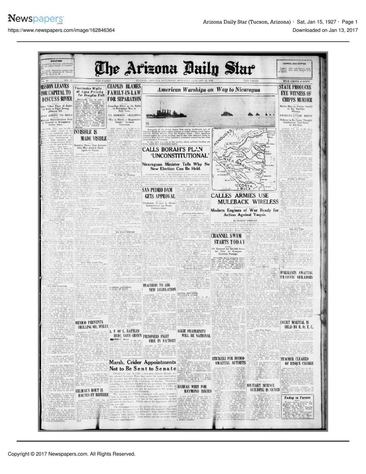 Arizona Daily Star front page Jan. 15, 1927