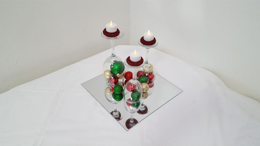 DIY holiday decorating ornaments under wine glasses
