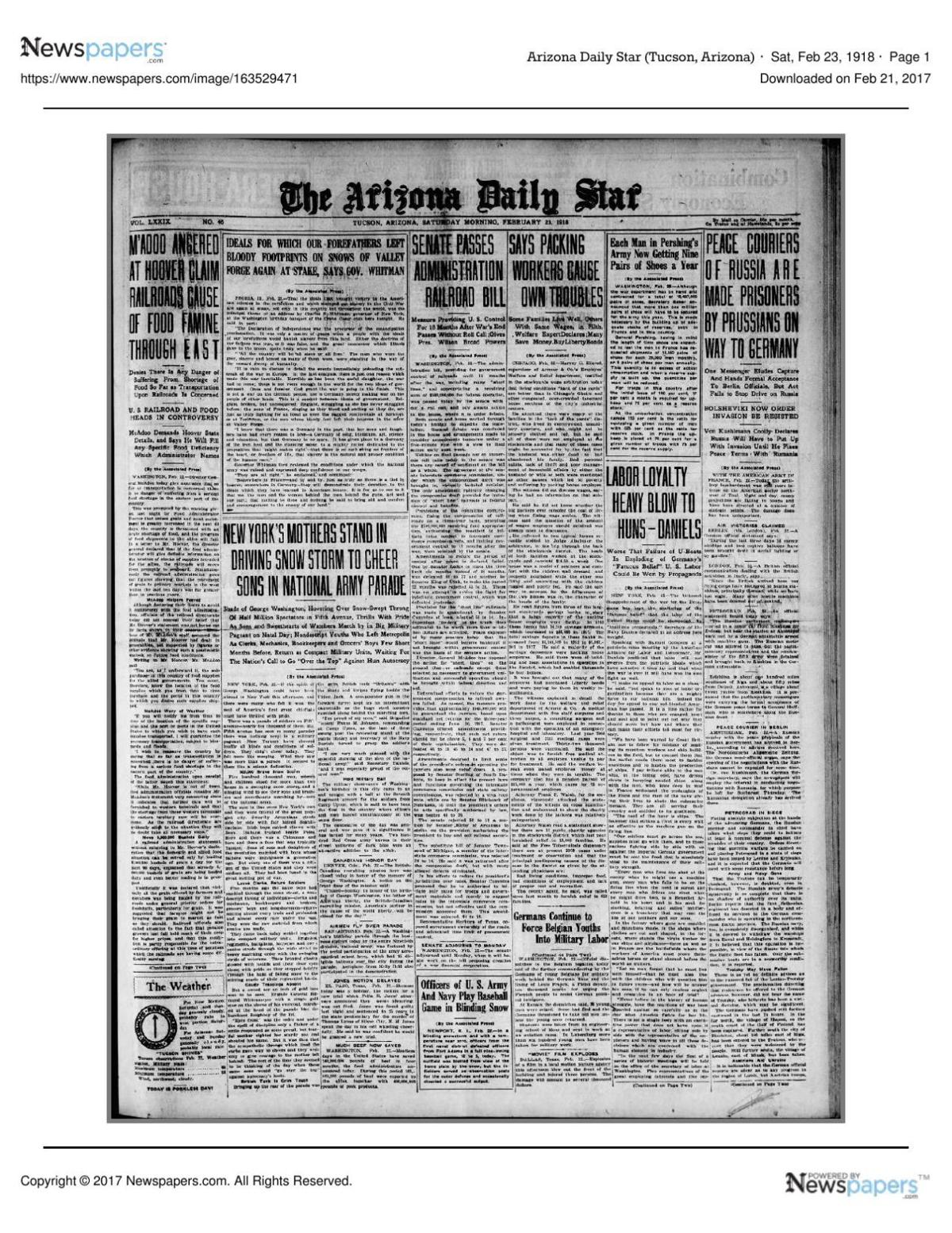 Arizona Daily Star front page Feb. 23, 1918