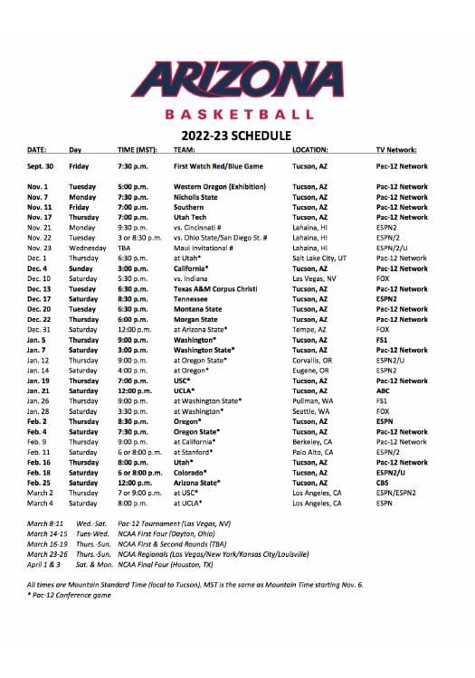 Arizona men's basketball schedule 202223