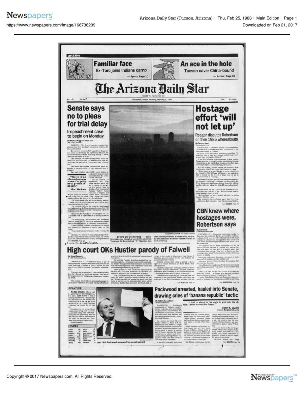 Arizona Daily Star front page Feb. 25, 1988