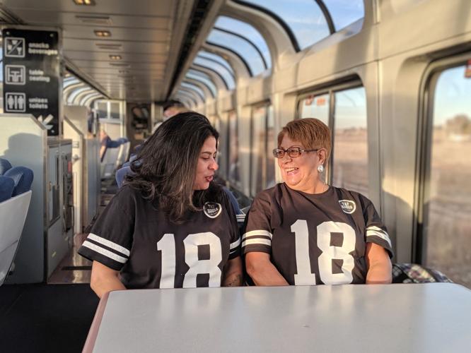 Noella Benavidez, 47, left, and her mother, Irene Benavidez, 72, of Glorieta, N.M., take a trip on the Southwest Chief with six other family members for fun. Noella's father worked on the railroad, maintaining the tracks. She's lived alongside the tracks her whole life and waves to trains every day. This is her first time traveling on the Southwest Chief.