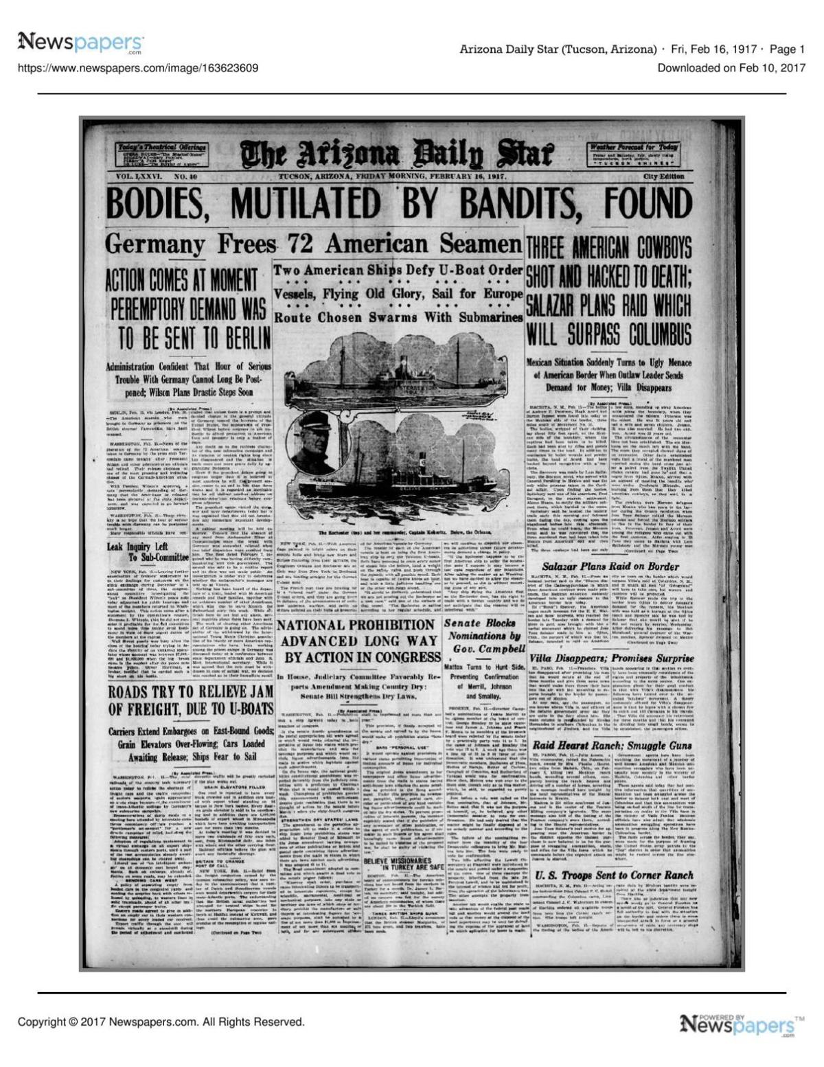 Arizona Daily Star front page Feb. 16, 1917