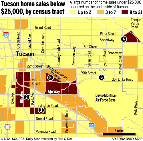 Map: Tucson home sales below $25,000, by census tract
