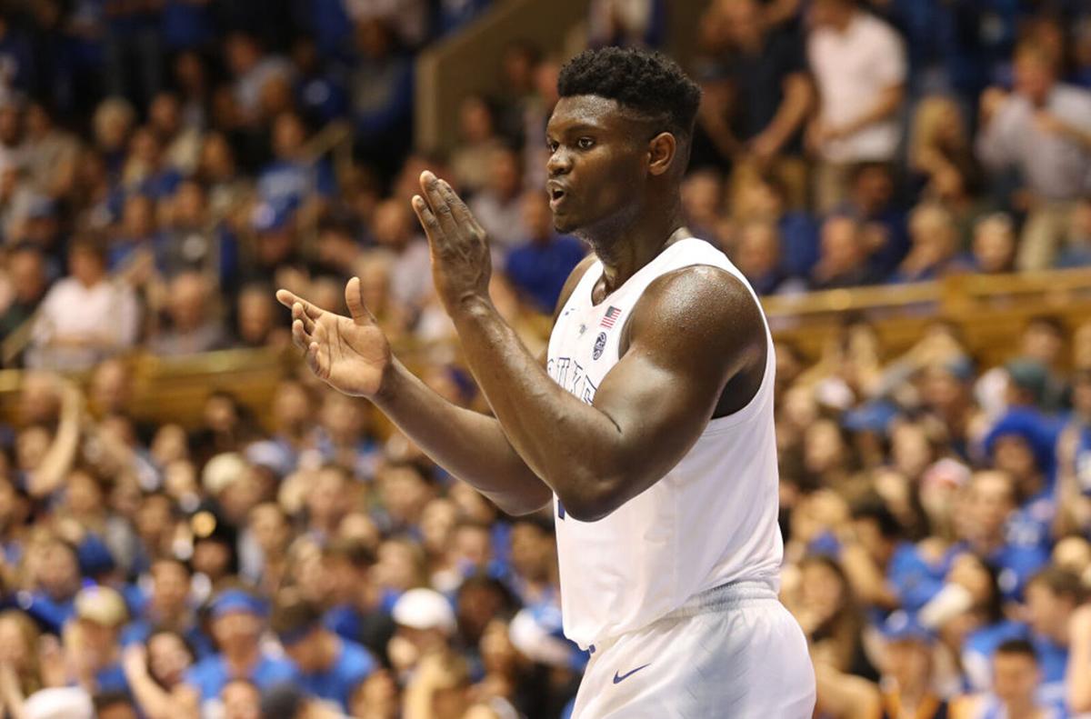 Zion Williamson #1 of the Duke Blue Devils reacts after a play against the Clemson Tigers during their game at Cameron Indoor Stadium on January 5, 2019 in Durham, North Carolina.
