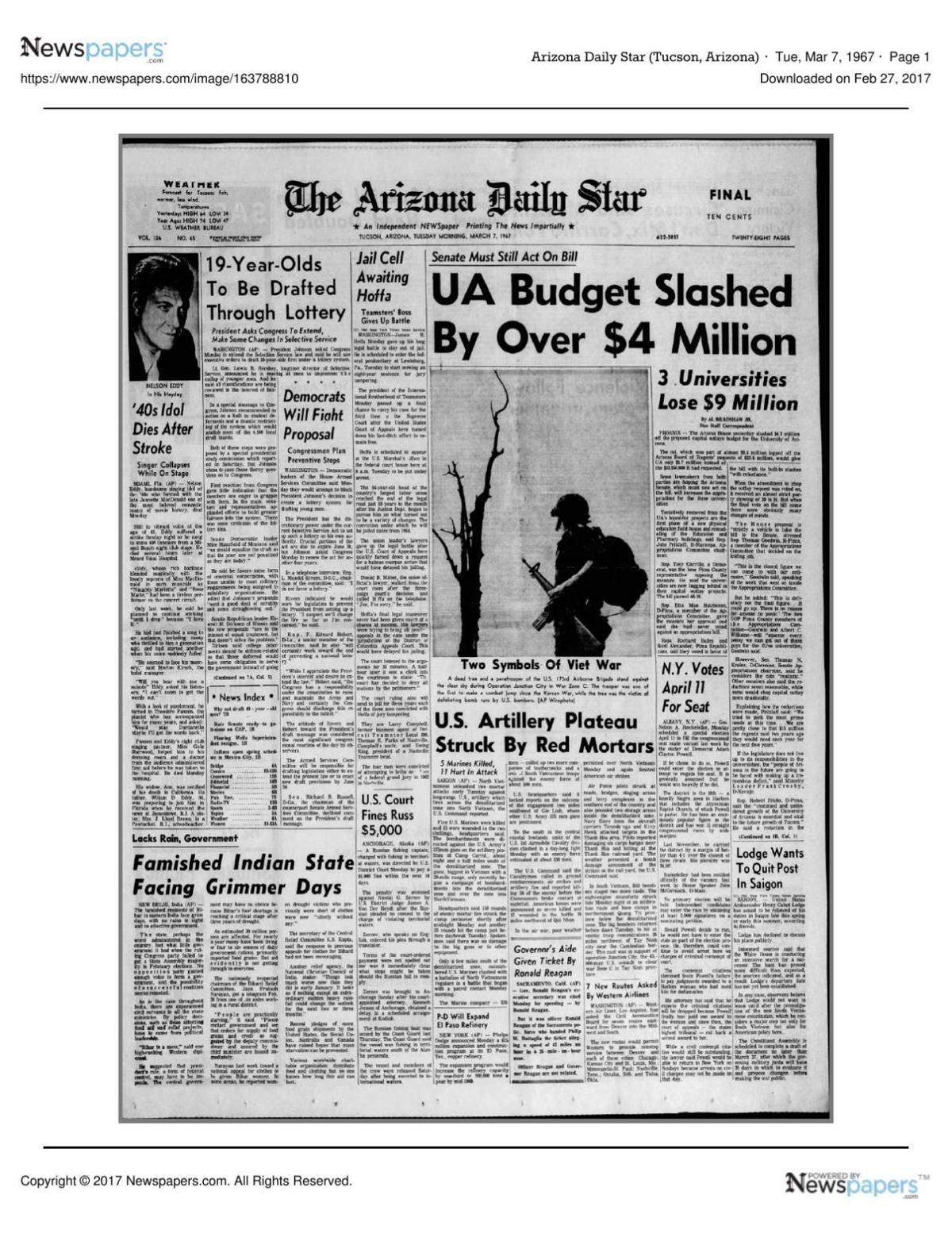 Arizona Daily Star front page March 7, 1967