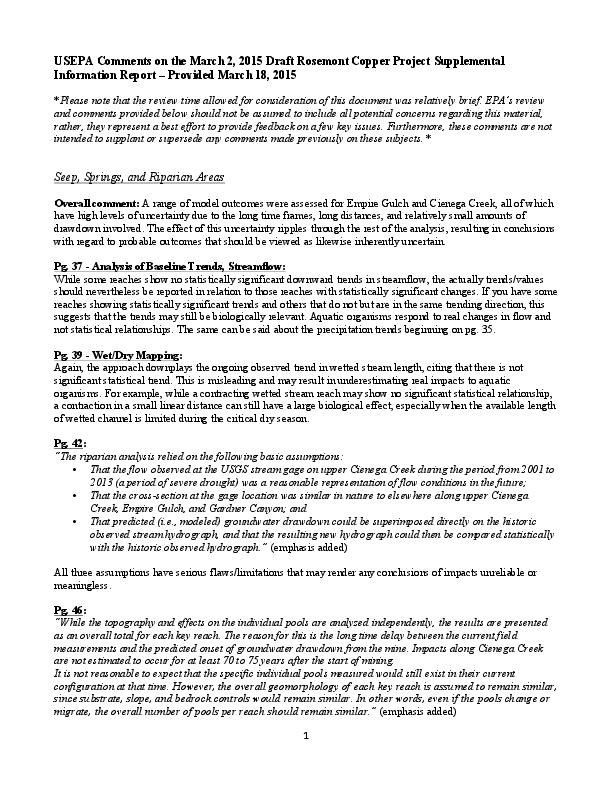 EPA comments on Rosemont SIR