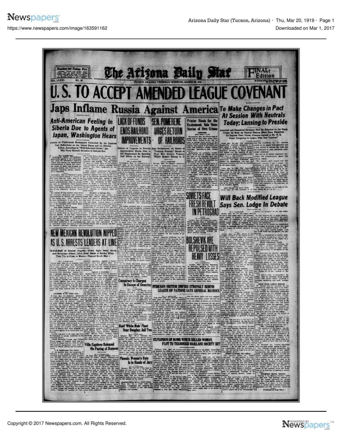 Arizona Daily Star front page March 20, 1919