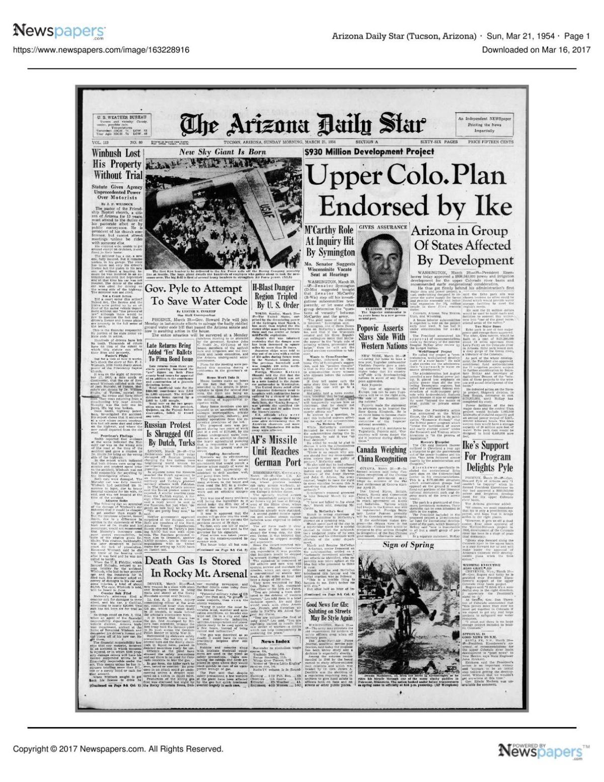 Arizona Daily Star front page March 21, 1954