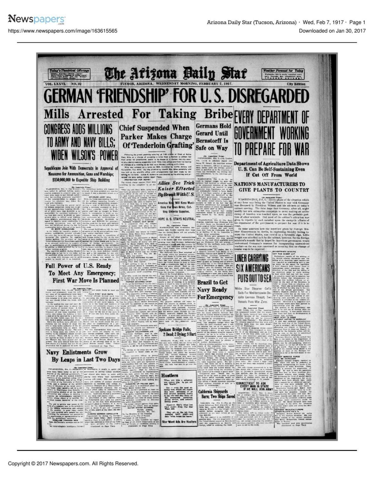 Arizona Daily Star front page Feb. 7, 1917