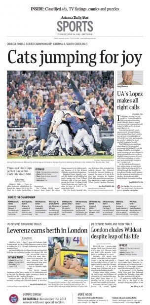 Arizona Wildcats win: The Sports front from the June 26, 2012 Arizona Daily Star