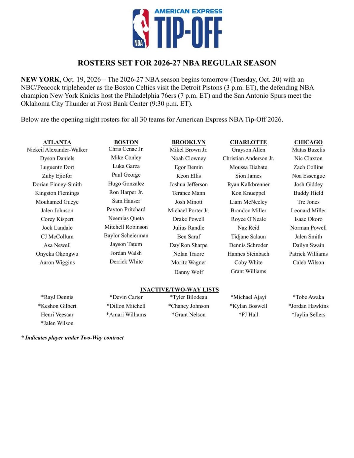 NBA season-opening rosters 2026-27