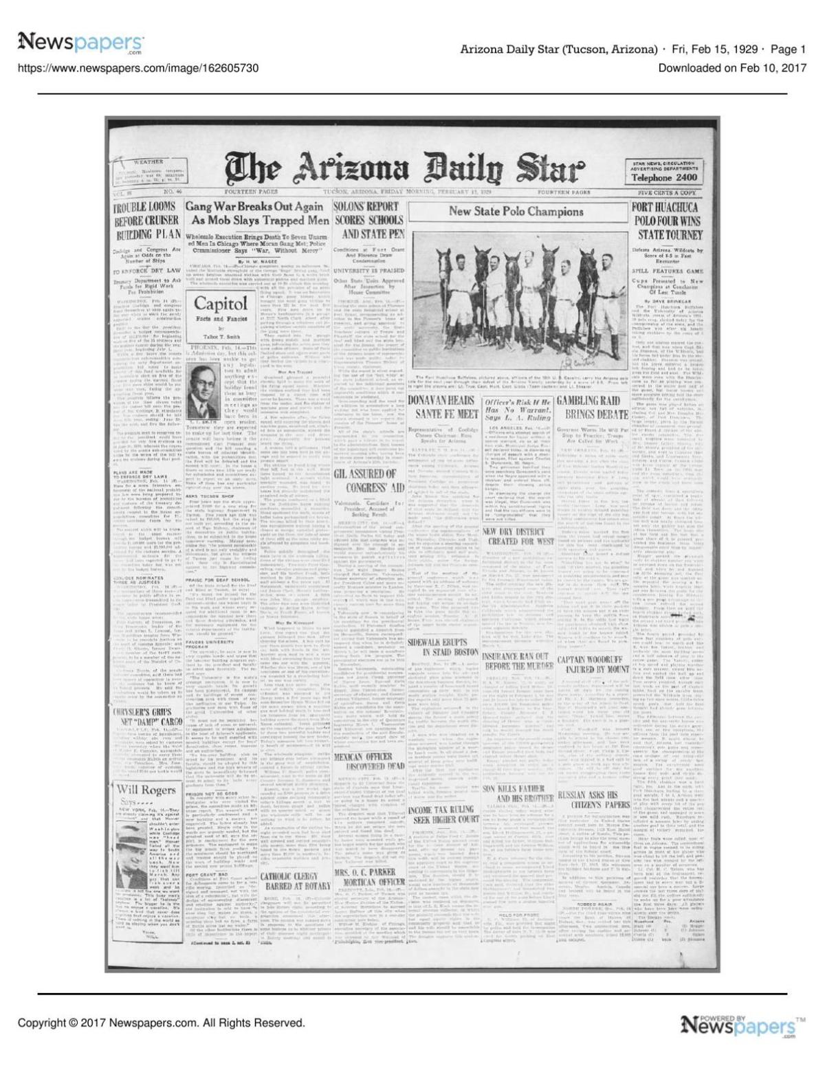 Arizona Daily Star front page Feb. 14, 1929