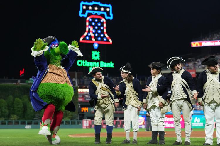 The Phillie Phanatic walks on the field during the sixth inning for the All-Star Game at Citizens Bank Park in Philadelphia on July 15, 2026.