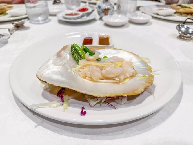 At Cantonese institution Flower Drum, a serving of pearl meat, the delicacy farmed in Western Australia and made of pearl oyster adductor muscle that attaches to its iridescent shell.