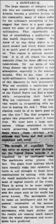 Arizona Daily Star article June 5, 1901, A sanitarium