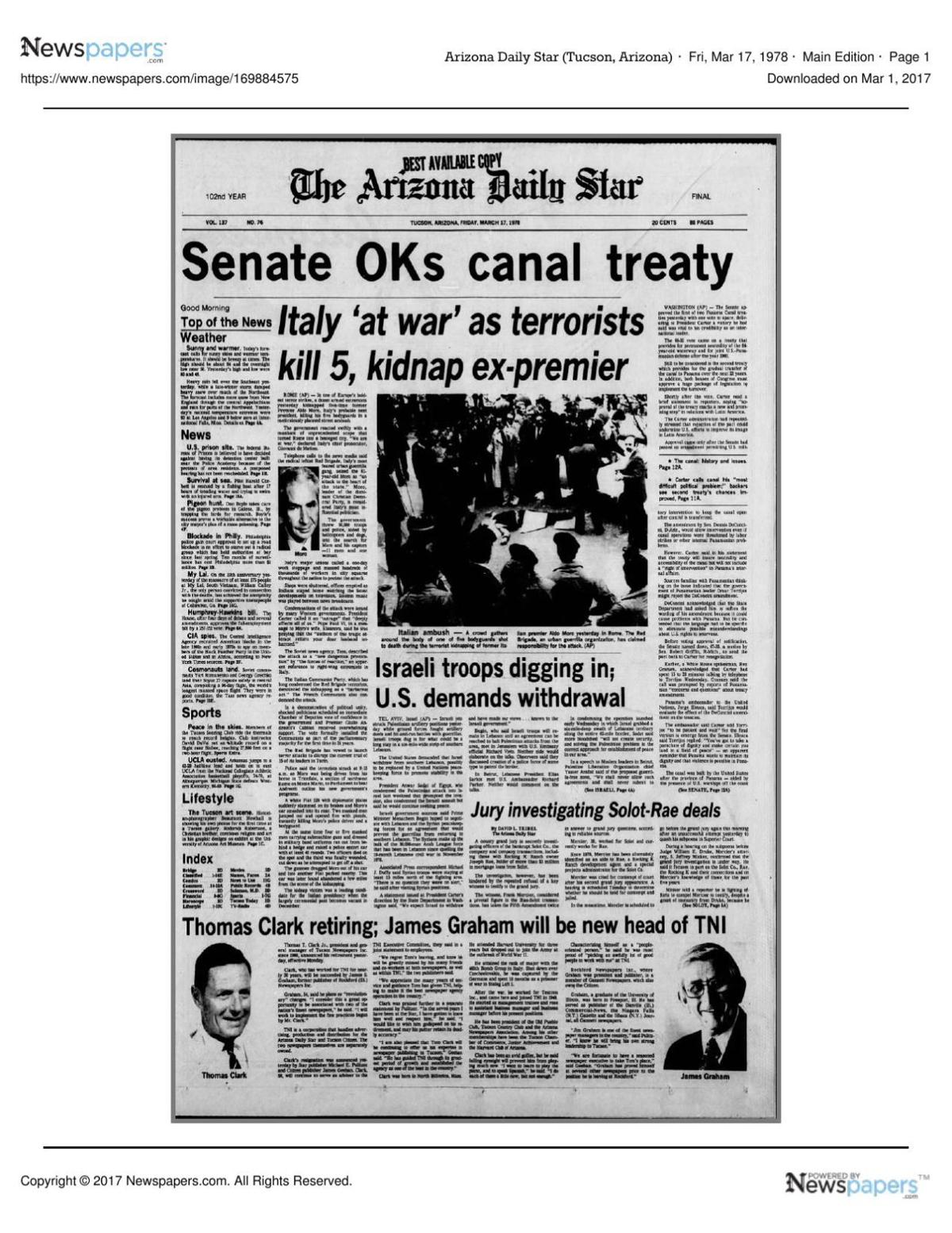 Arizona Daily Star front page March 17, 1978