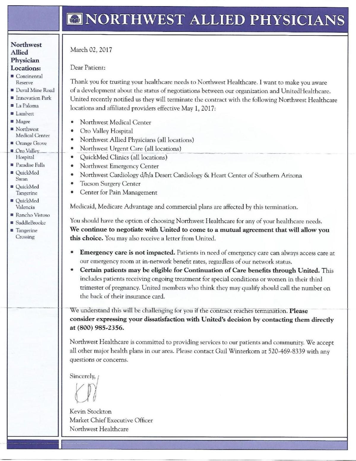 Letter From Northwest Healthcare Tucson Com
