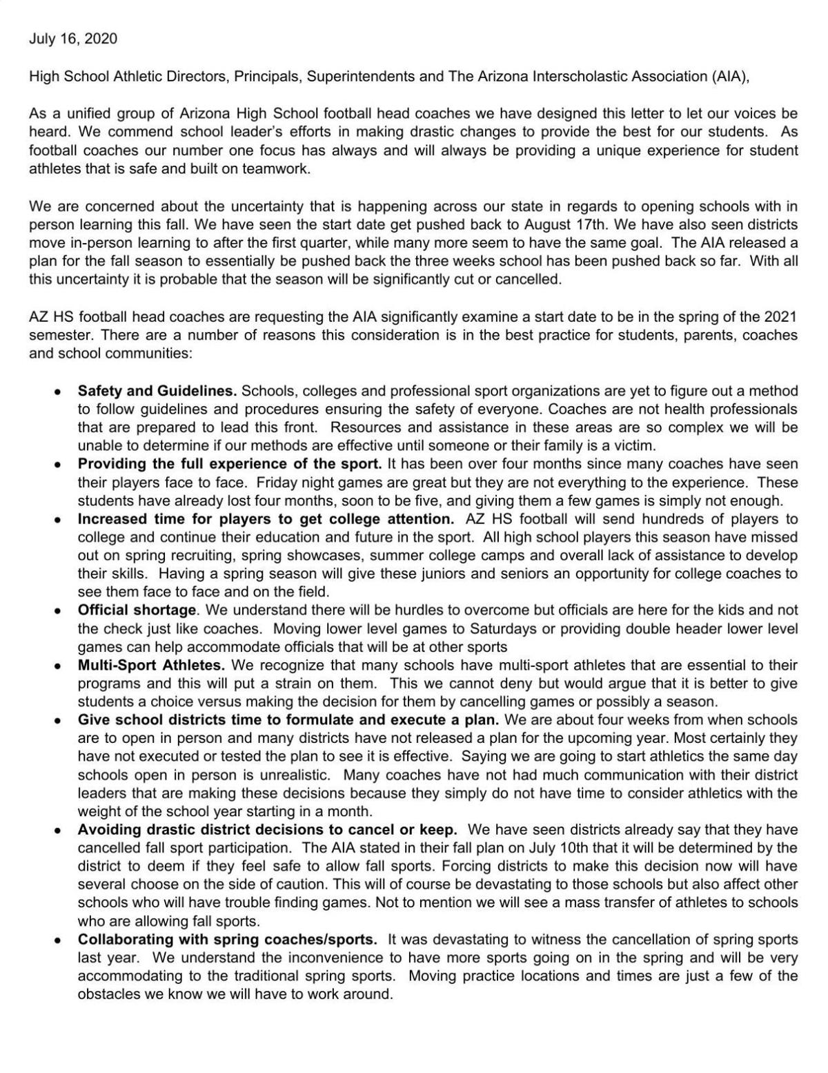 Read Arizona high school football coaches' letter to the AIA