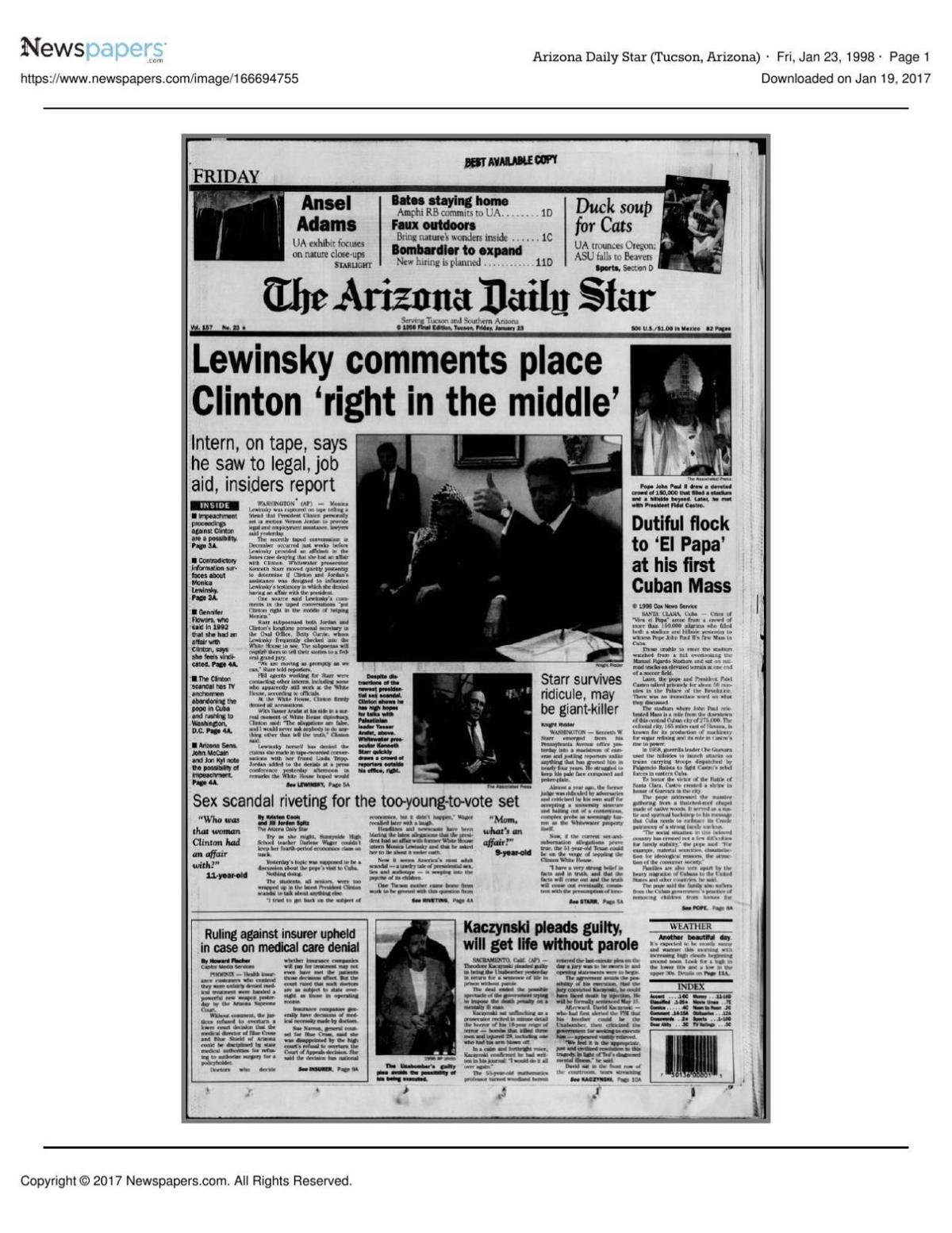 Arizona Daily Star front page Jan. 23, 1998
