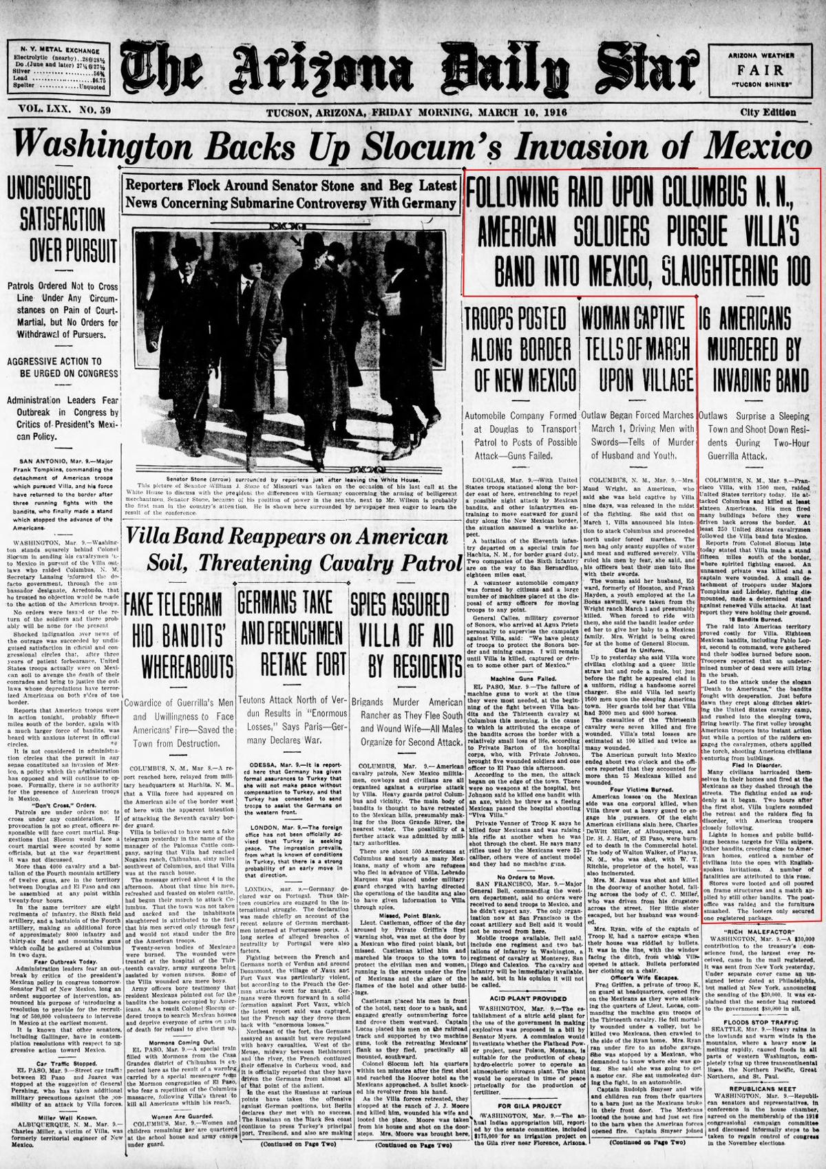 Friday, March 10, 1916, front page: Pancho Villa raid on New Mexico