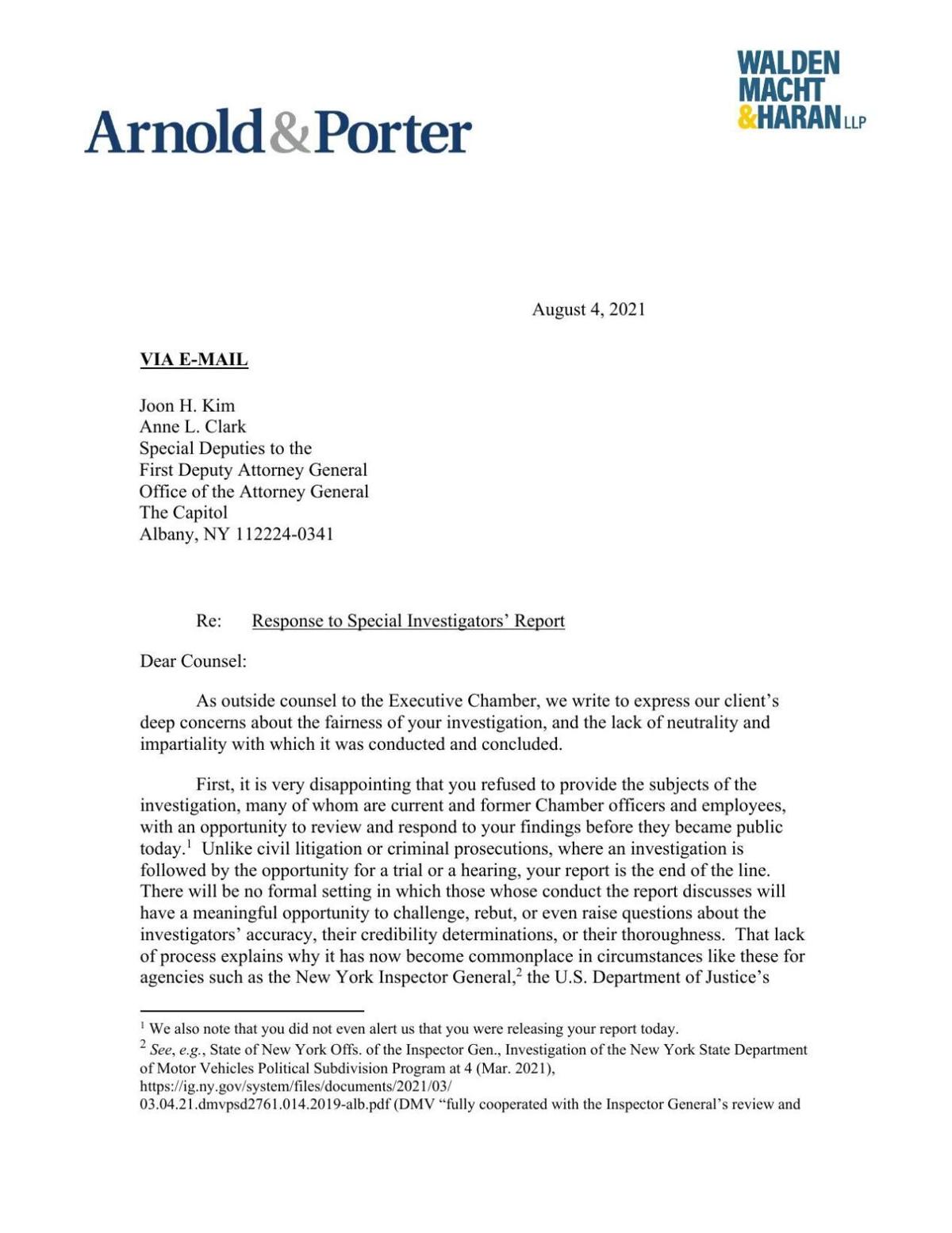 Cuomo legal team's response to AG probe