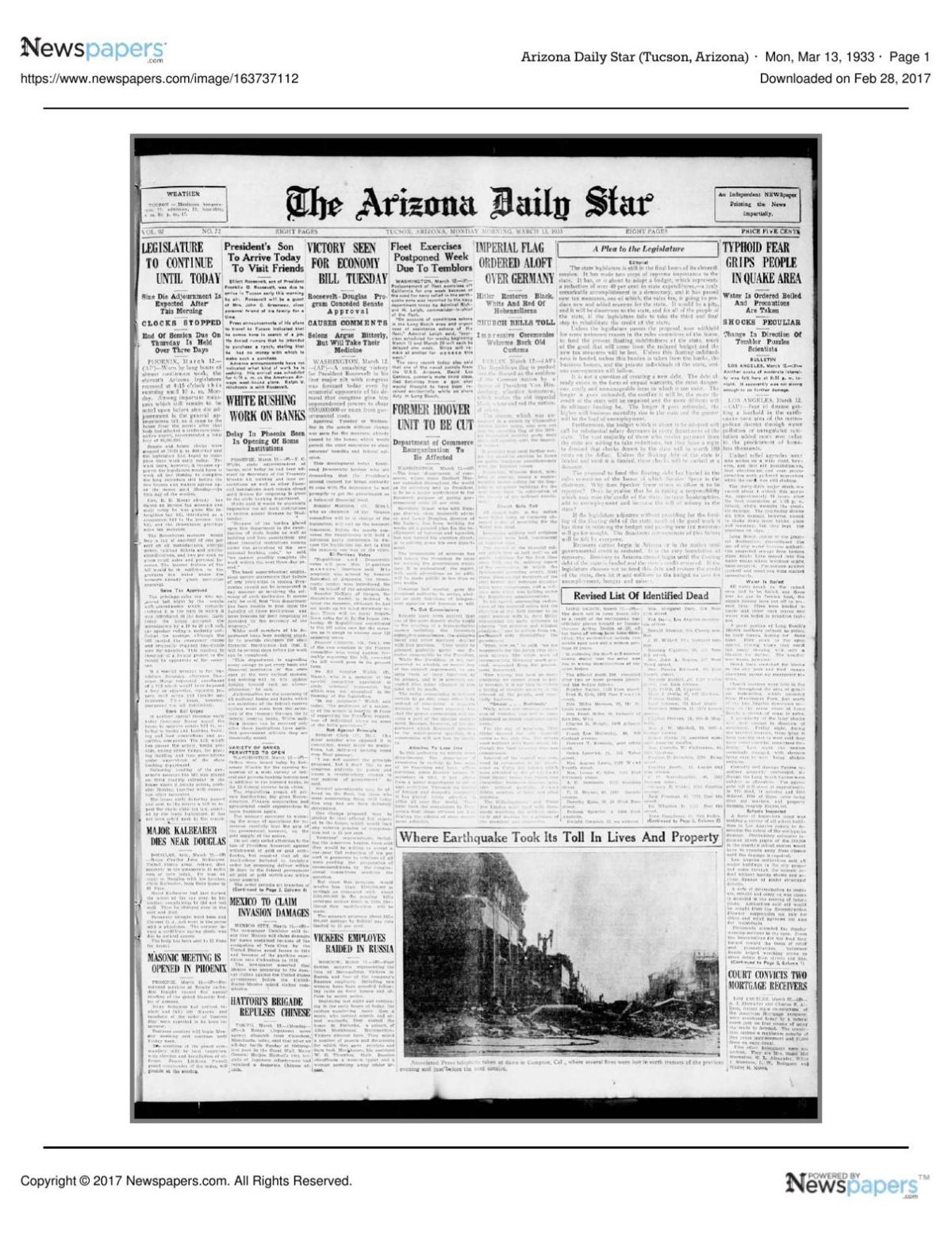 Arizona Daily Star front page March 13, 1933