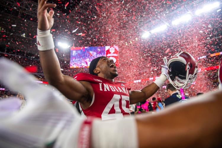 Indiana's Lincoln Murff (45) celebrates after the College Football Playoff National Championship college football game at Hard Rock Stadium in Miami Gardens on Monday, Jan. 19, 2026.