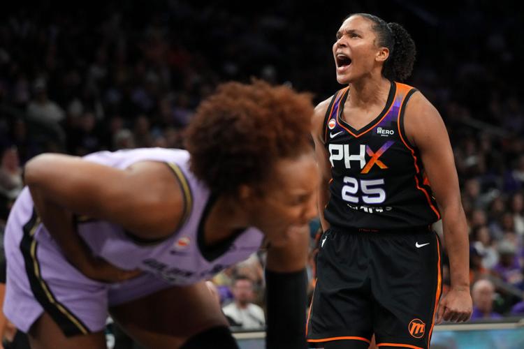 Phoenix Mercury forward Alyssa Thomas celebrates after making a shot while being fouled by Golden State Valkyries forward Kayla Thornton (5) at Mortgage Matchup Center in Phoenix on July 29, 2026.