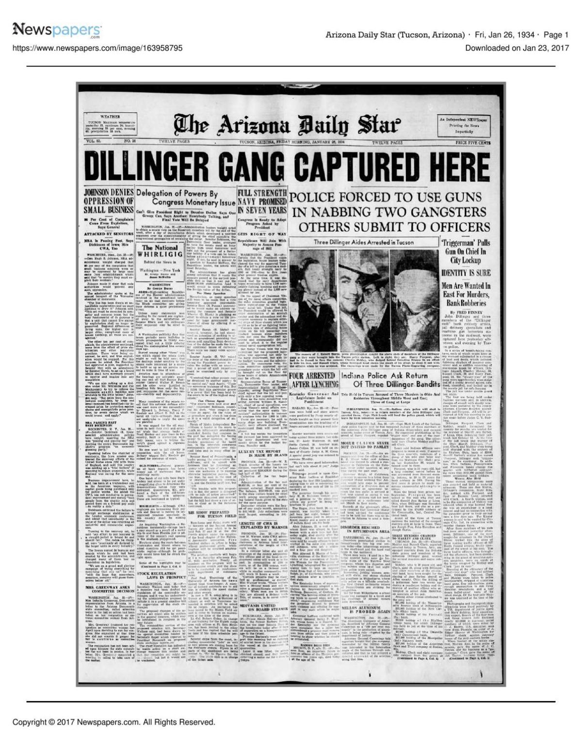 Arizona Daily Star front page Jan. 26, 1934