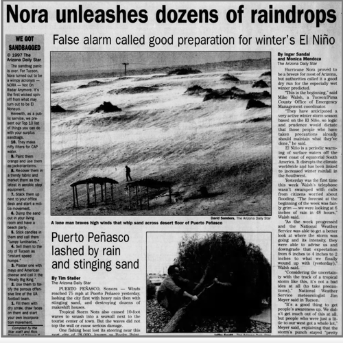 1997 headline: Nora unleashes dozens of raindrops