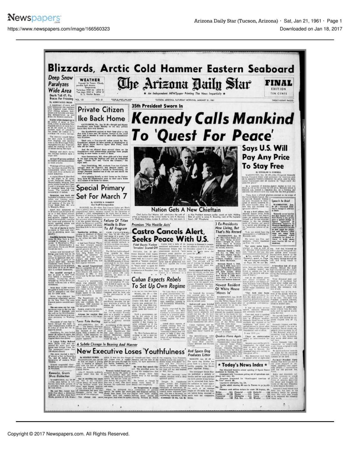 Arizona Daily Star front page Jan. 21, 1961