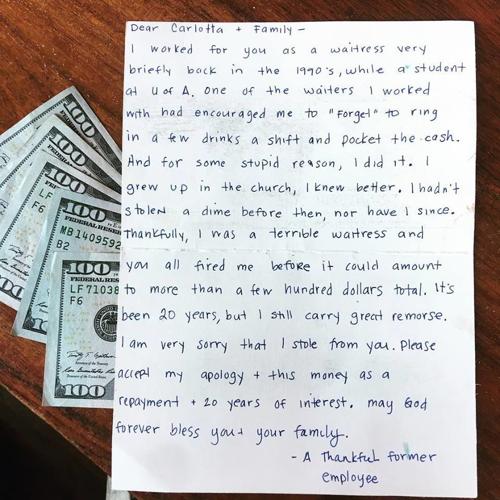 'Sorry that I stole from you,' ex-waitress tells Tucson restaurant owner in letter filled with $1,000